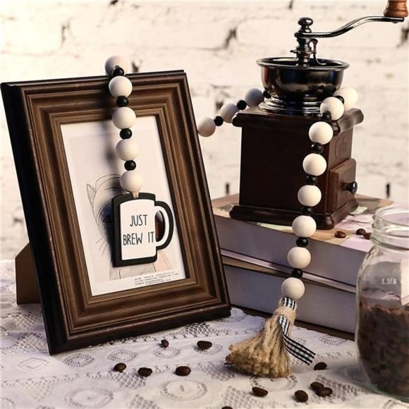 Coffee Bar Tiered Tray Decor Coffee Wood Bead Garland with Tassel Rustic Decor - Picture 3 of 6